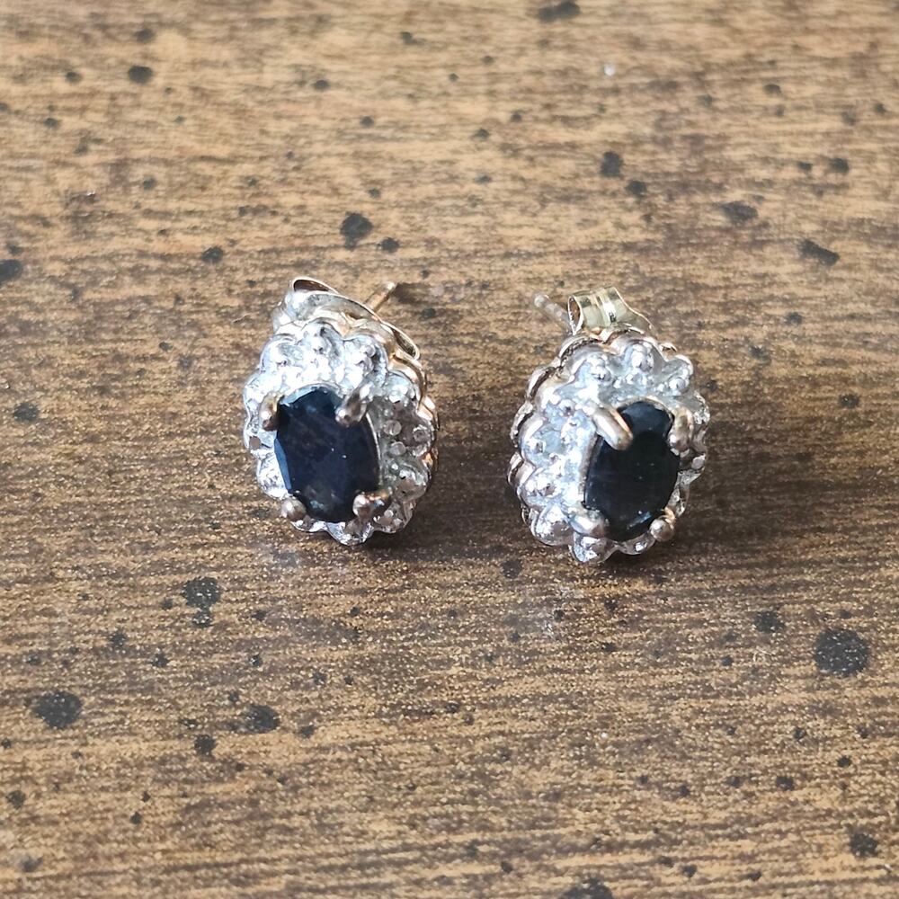 925 Sterling Silver Blue Spinel Oval Stud Earrings Gold Plated Scalloped 2.78g